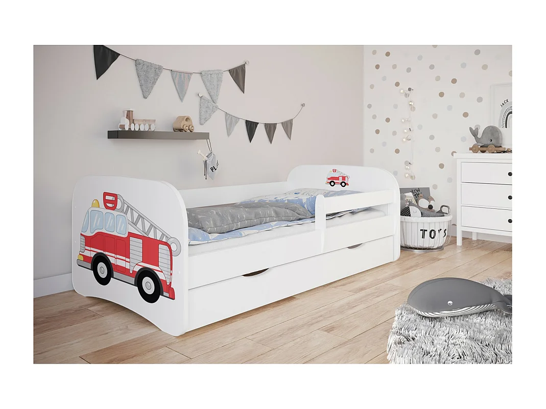 Lit enfant camion de pompier avec sommiers et barrière de sécurité amovible Drimy-Matelas mousse-80x180-Tiroirs Avec tiroir