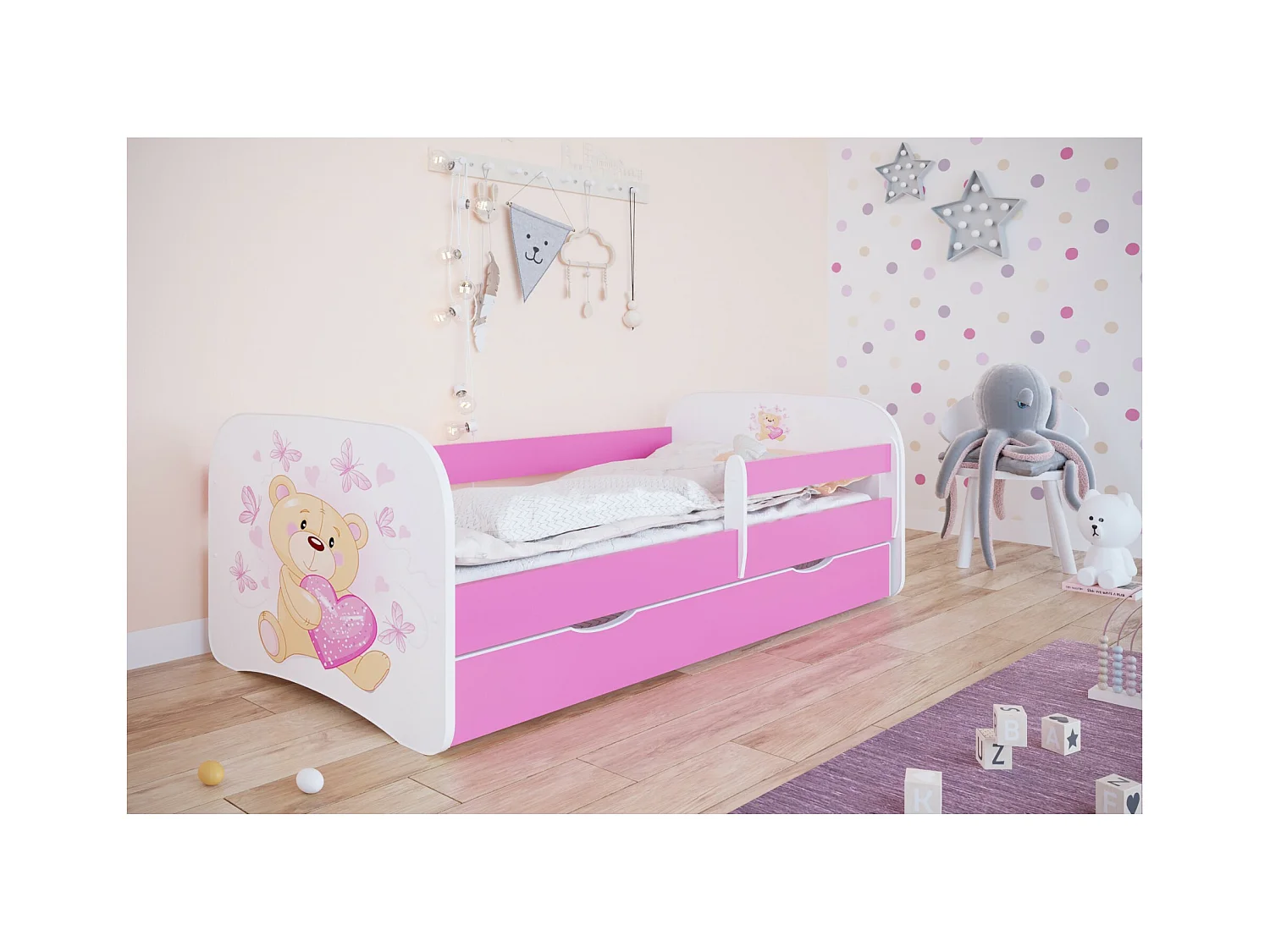 Roze vlinderkinderbed met boxsprings en afneembaar hekwerk Drimy-Schuim matras-Slapen 80x180cm-Laden Met lade