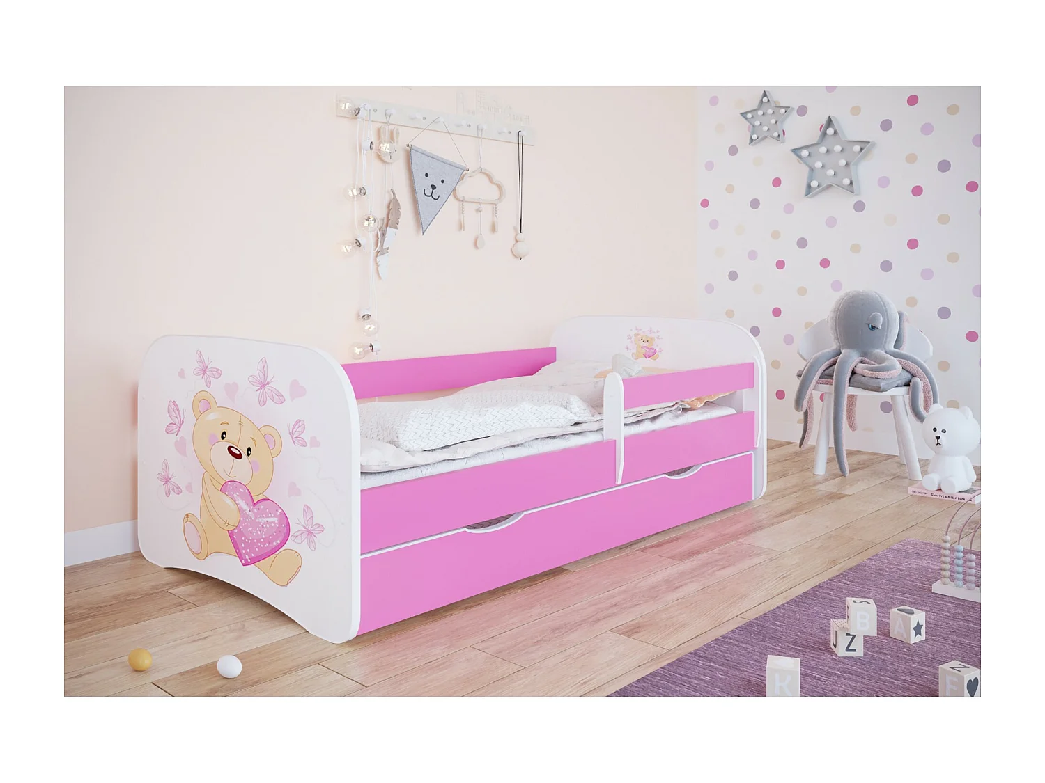 Roze vlinderkinderbed met boxsprings en afneembaar hekwerk Drimy-Schuim matras-Slapen 80x180cm-Laden Met lade