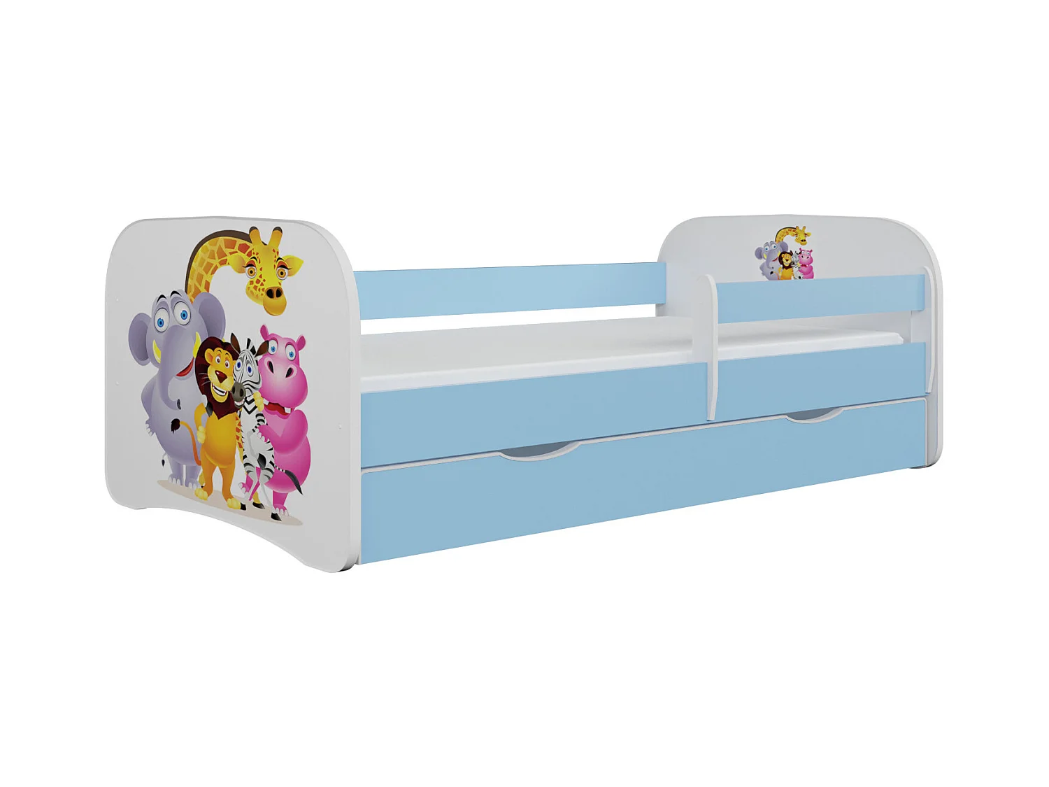 Cama infantil Zoo azul con somieres y barrera de seguridad extraíble Drimy-Colchones de espuma-Ropa de cama 80x180 cm-Cajones Con cajón