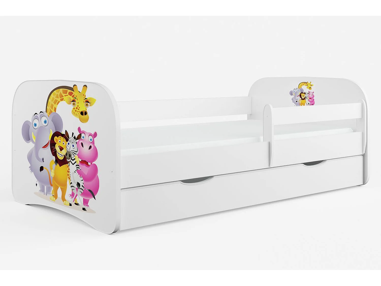 Cama infantil Zoo blanca con somieres y barrera de seguridad extraíble Drimy-Ropa de cama 80x160 cm-Cajones Con cajón