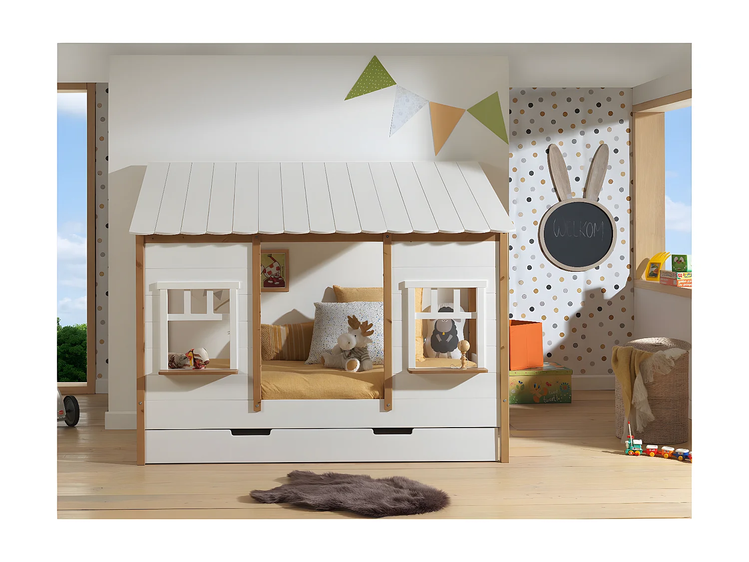 Pack - Lit Cabane Enfant & Tiroir "Housebed IV" 90x200cm Blanc