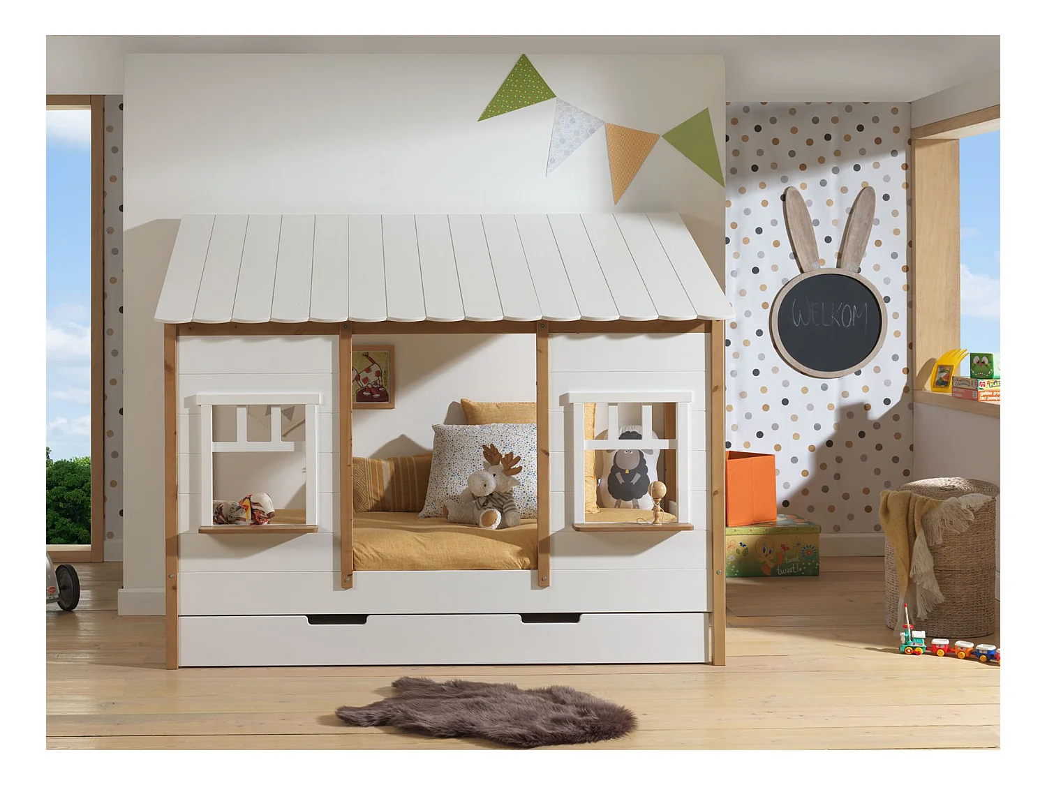Pack - Lit Cabane Enfant & Tiroir "Housebed IV" 90x200cm Blanc
