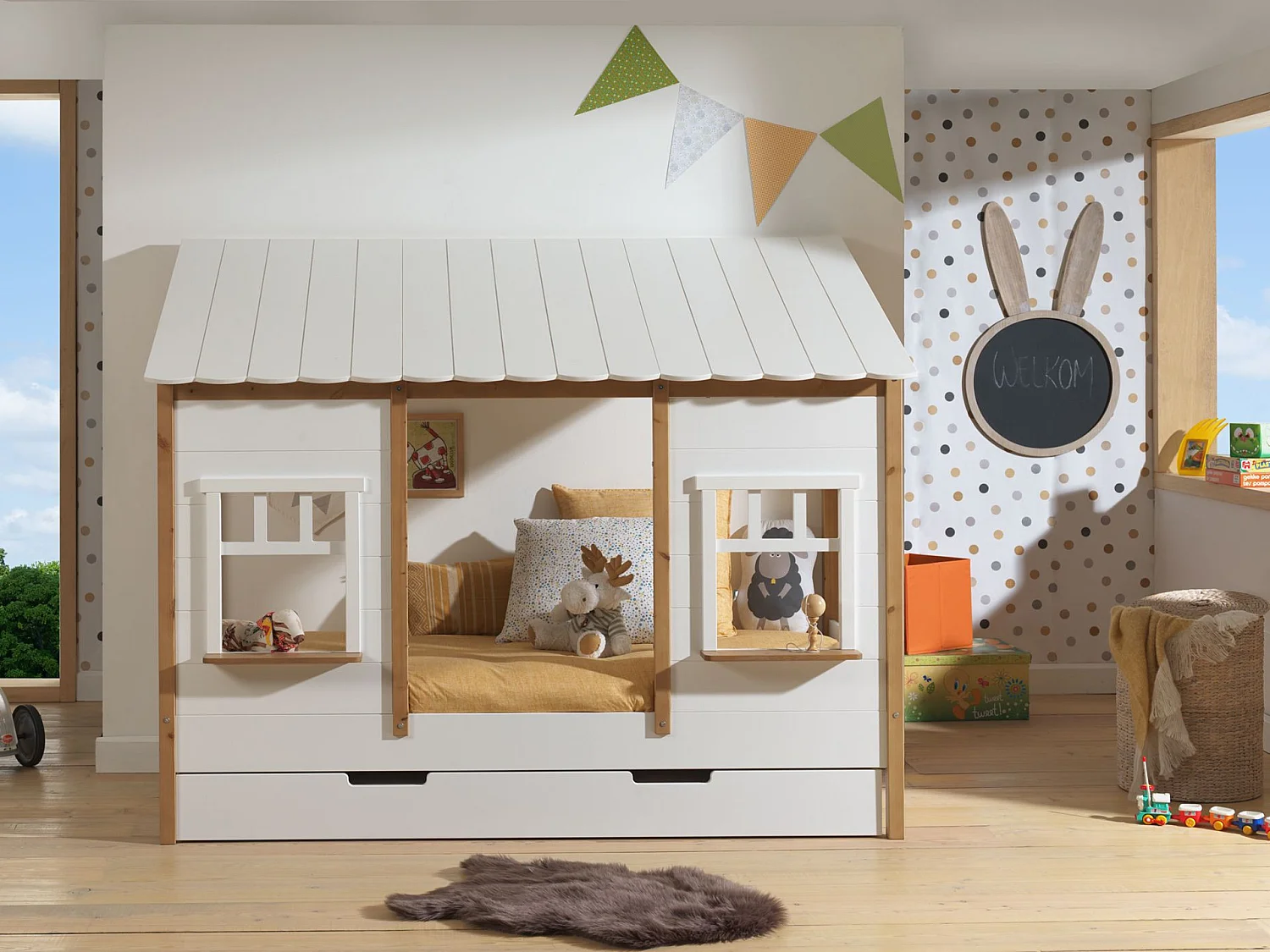 Pack - Lit Cabane Enfant & Tiroir "Housebed IV" 90x200cm Blanc