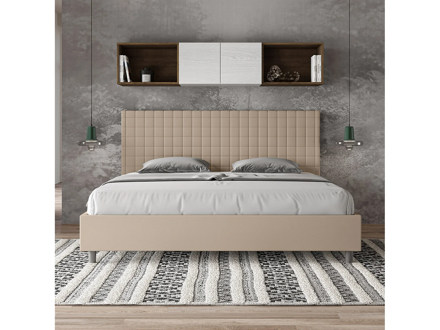 Cama con almacenaje acolchada 180x200 cuero sintético gris paloma Sunny