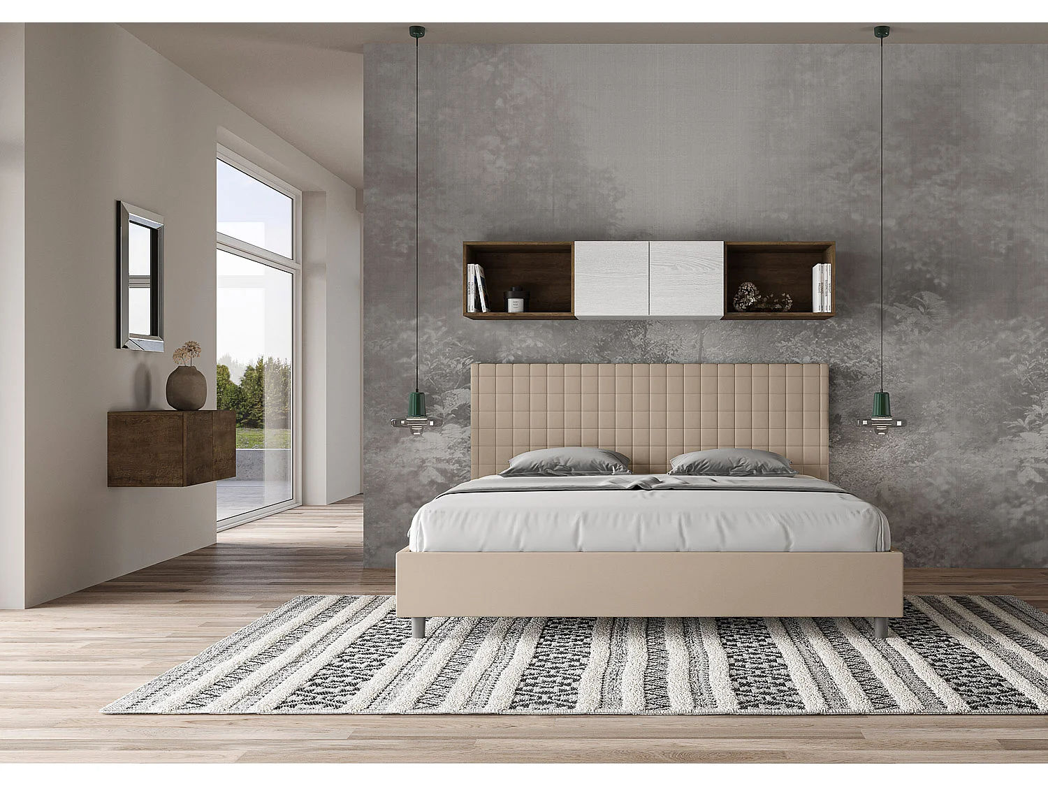 Cama con almacenaje acolchada 180x200 cuero sintético gris paloma Sunny