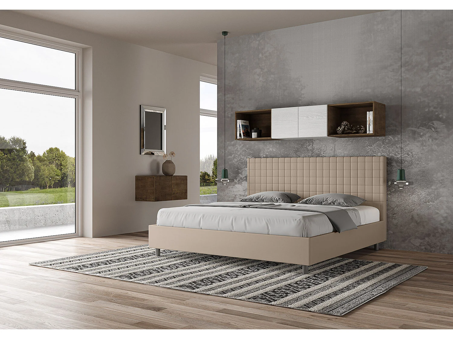 Cama con almacenaje acolchada 180x200 cuero sintético gris paloma Sunny