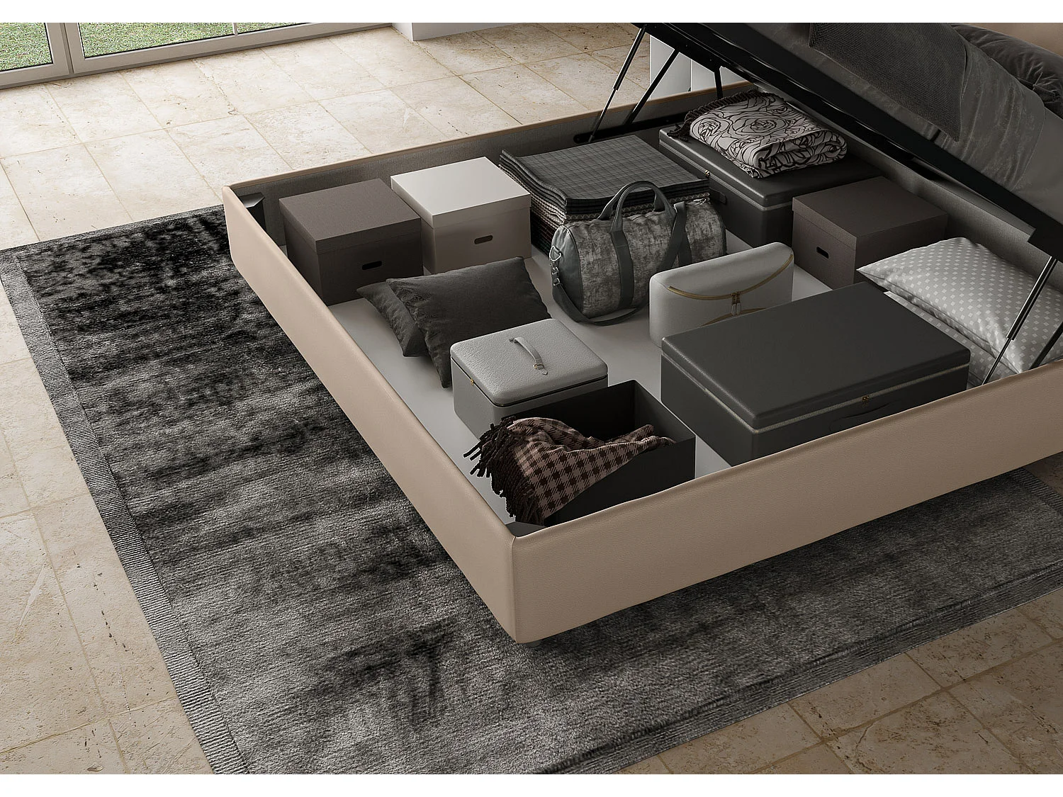 Cama con almacenaje acolchada 180x200 cuero sintético gris paloma Sunny