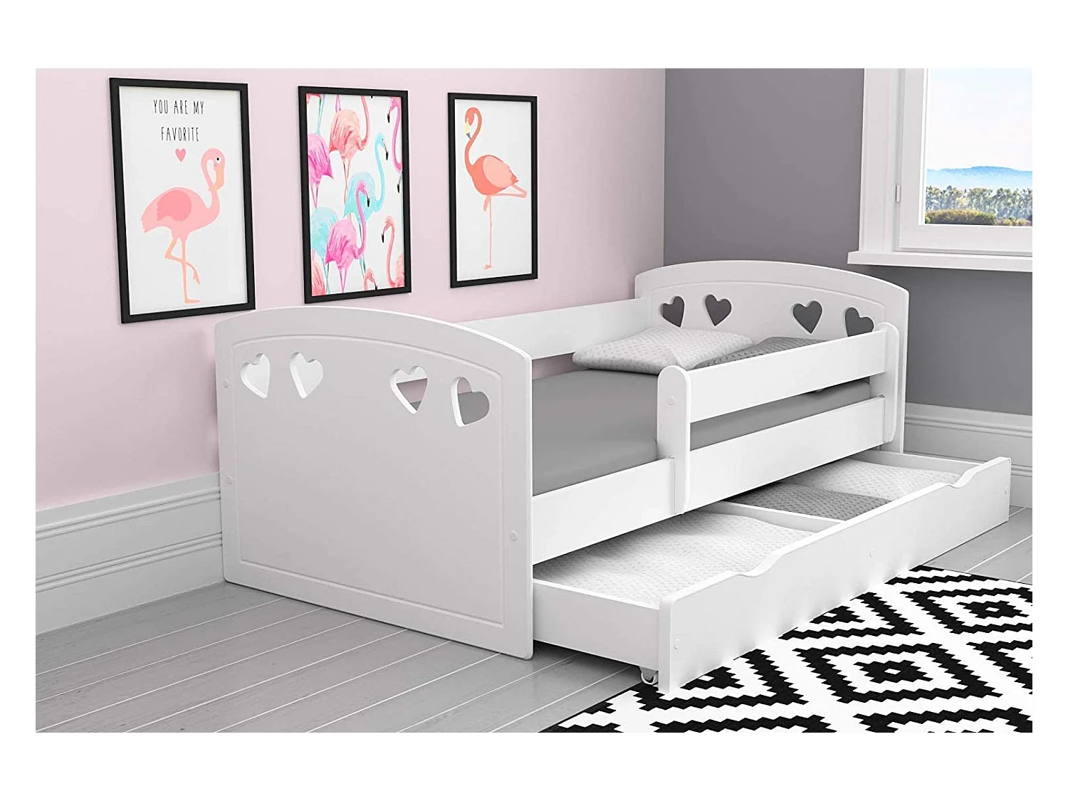 Lit orné de cœurs avec barrière de sécurité amovible blanc Myra-Matelas mousse-80x140