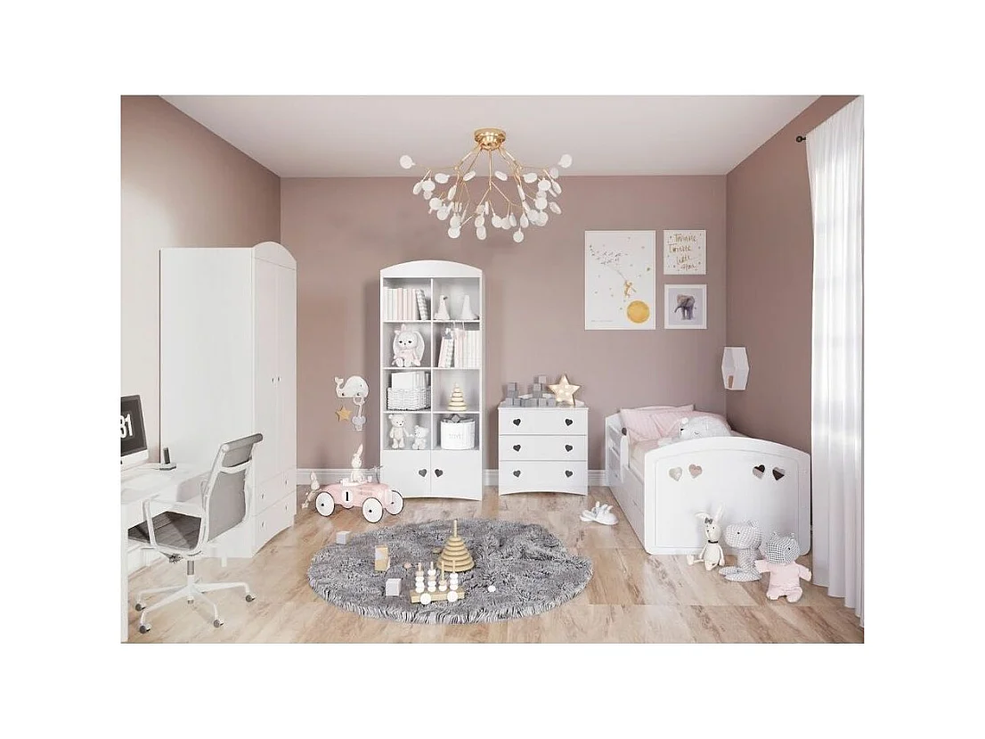 Lit orné de cœurs avec barrière de sécurité amovible blanc Myra-Matelas mousse-80x140