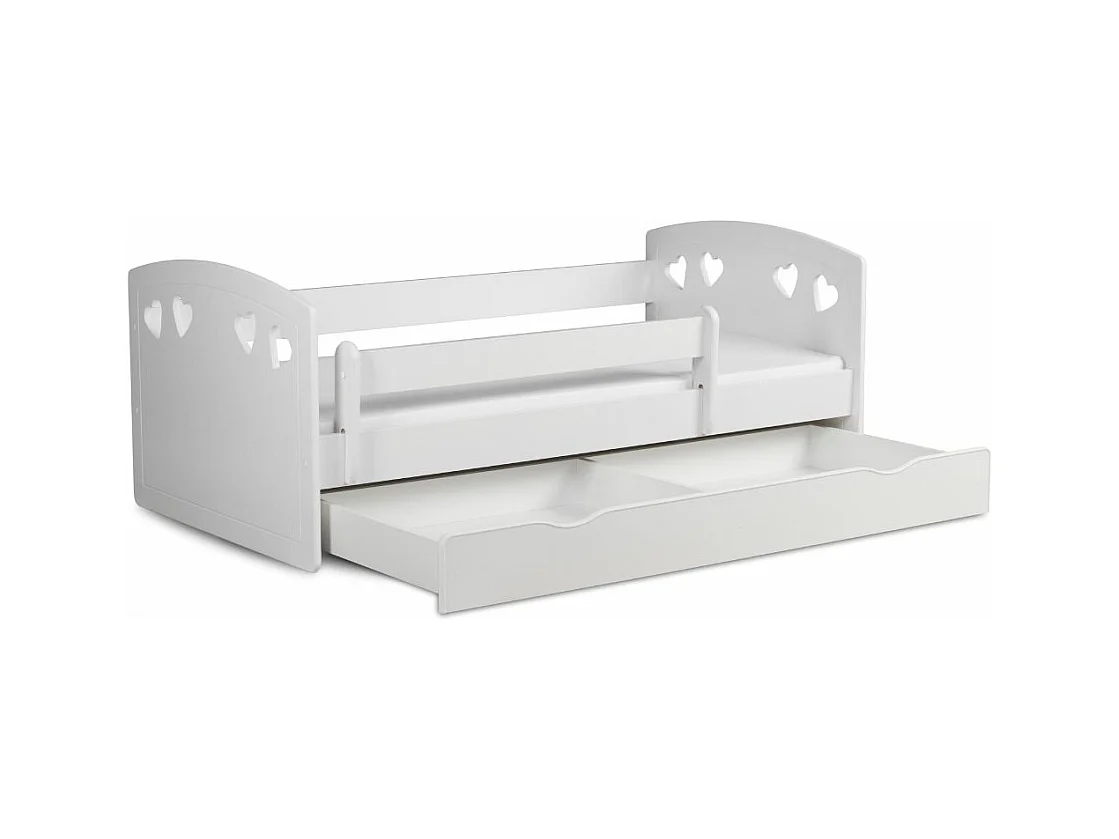 Lit orné de cœurs avec barrière de sécurité amovible blanc Myra-Matelas mousse-80x140