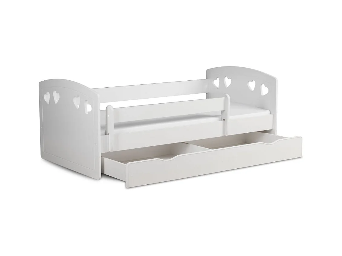 Lit orné de cœurs avec barrière de sécurité amovible blanc Myra-Matelas mousse-80x140