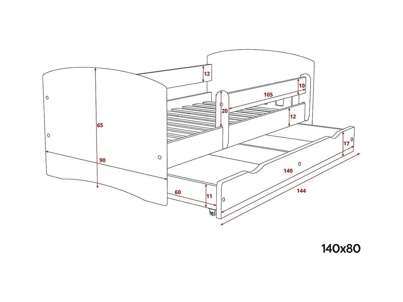 Lit orné de cœurs avec barrière de sécurité amovible blanc Myra-Matelas mousse-80x140