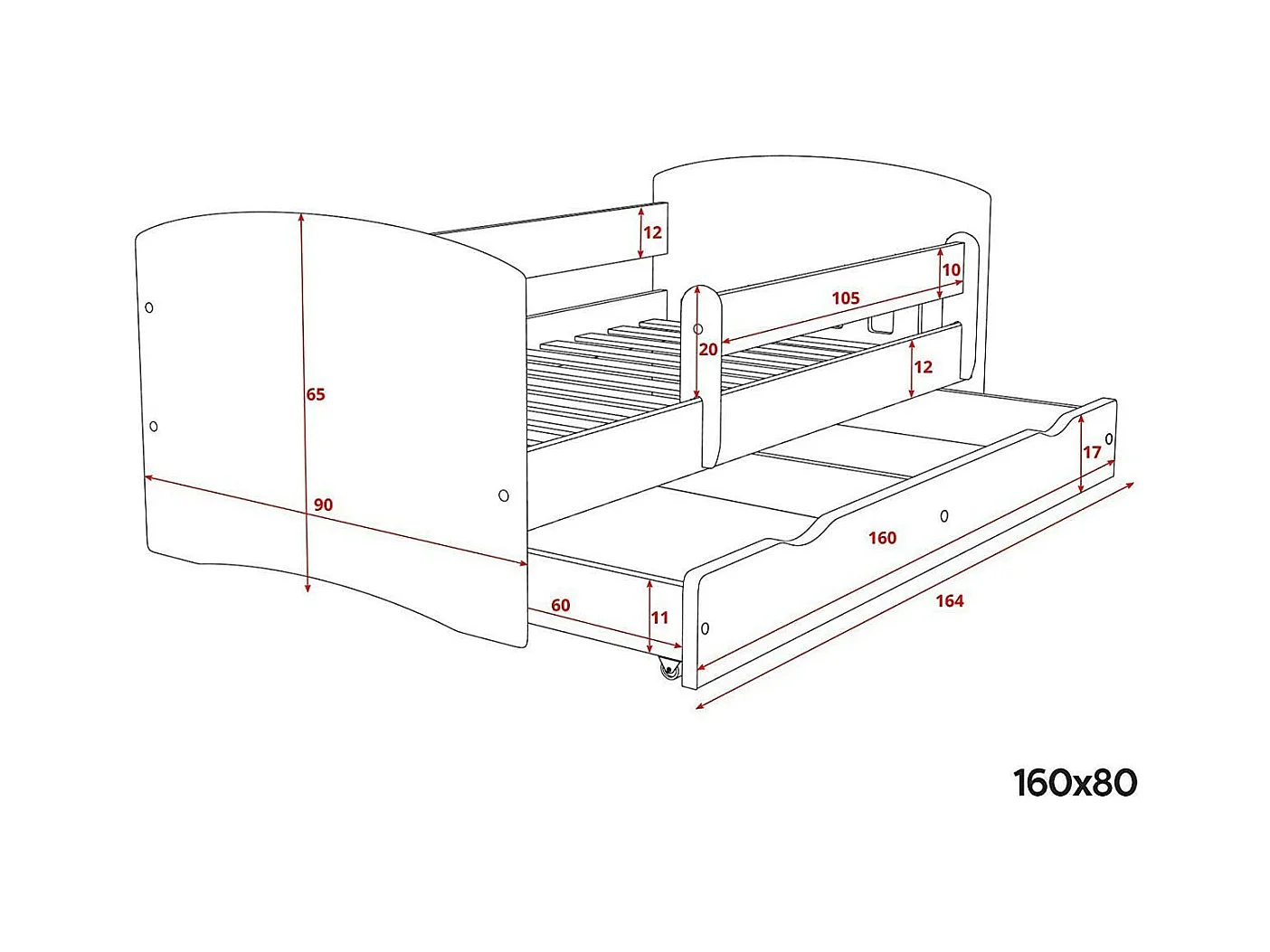 Lit orné de cœurs avec barrière de sécurité amovible blanc Myra-Matelas mousse-80x140