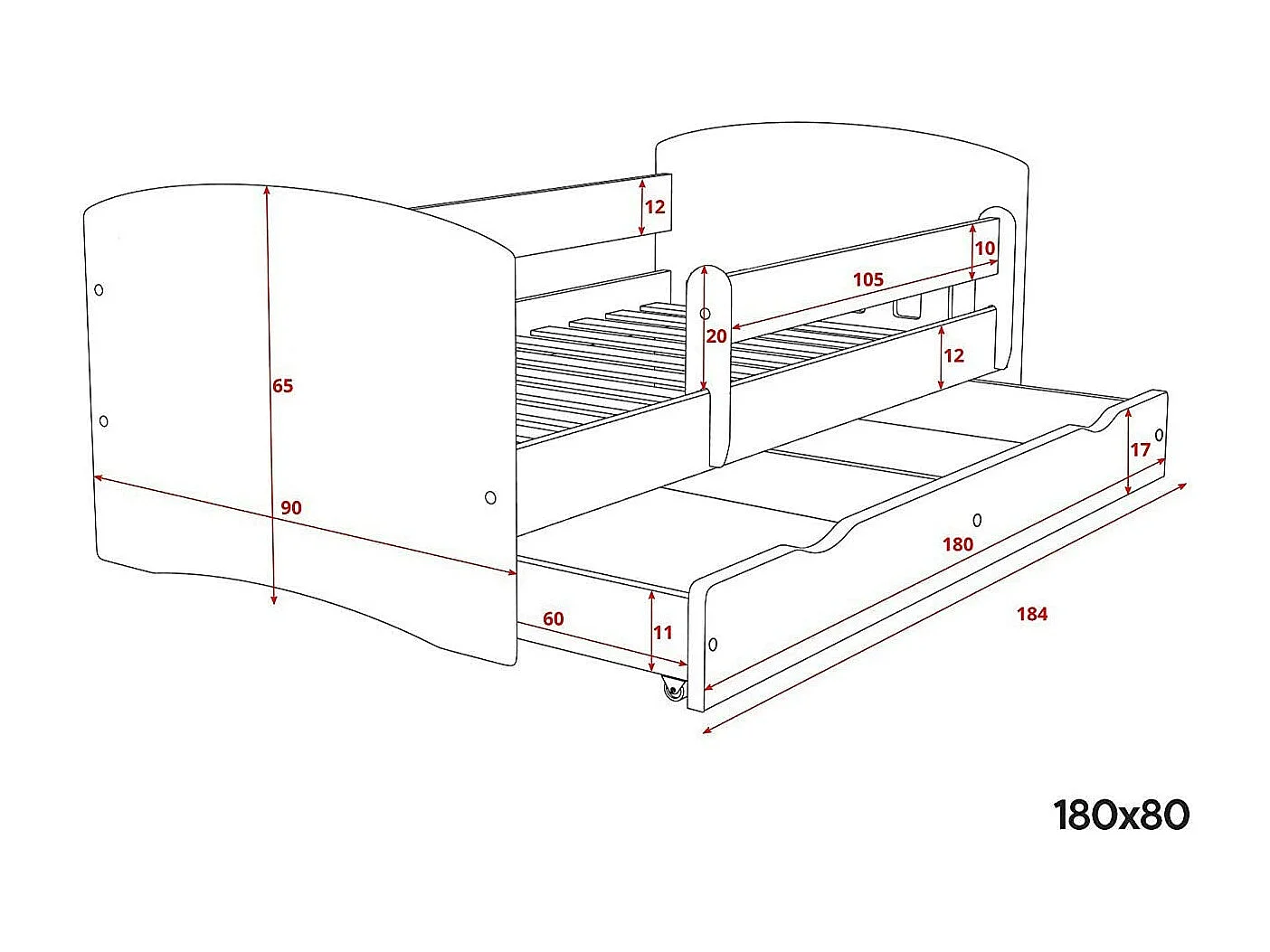 Lit orné de cœurs avec barrière de sécurité amovible blanc Myra-Matelas mousse-80x140