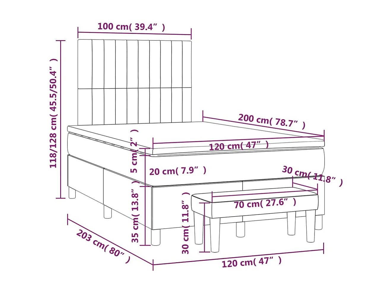 Lit à sommier tapissier avec matelas Gris foncé 120x200 Tissu