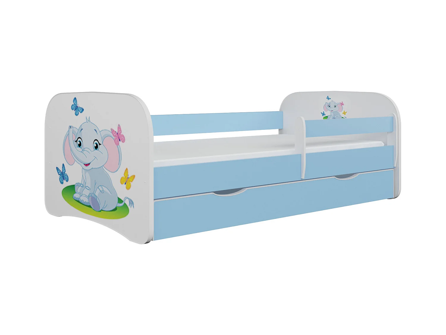 Blauw olifanten kinderbedje met boxsprings en afneembaar veiligheidshek Drimy-Zonder matras-Slapen 80x180cm-Laden Met lade
