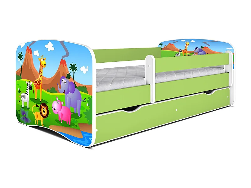 Lit enfant vert Safari avec sommiers et barrière de sécurité amovible Drimy-80x160-Tiroirs Avec tiroir