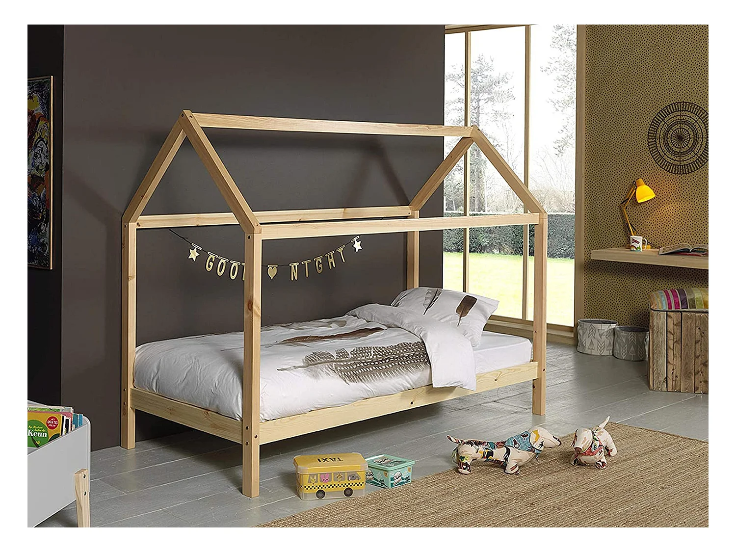 Pack - Lit Cabane Enfant & Matelas "Dallas" 90x200cm Naturel