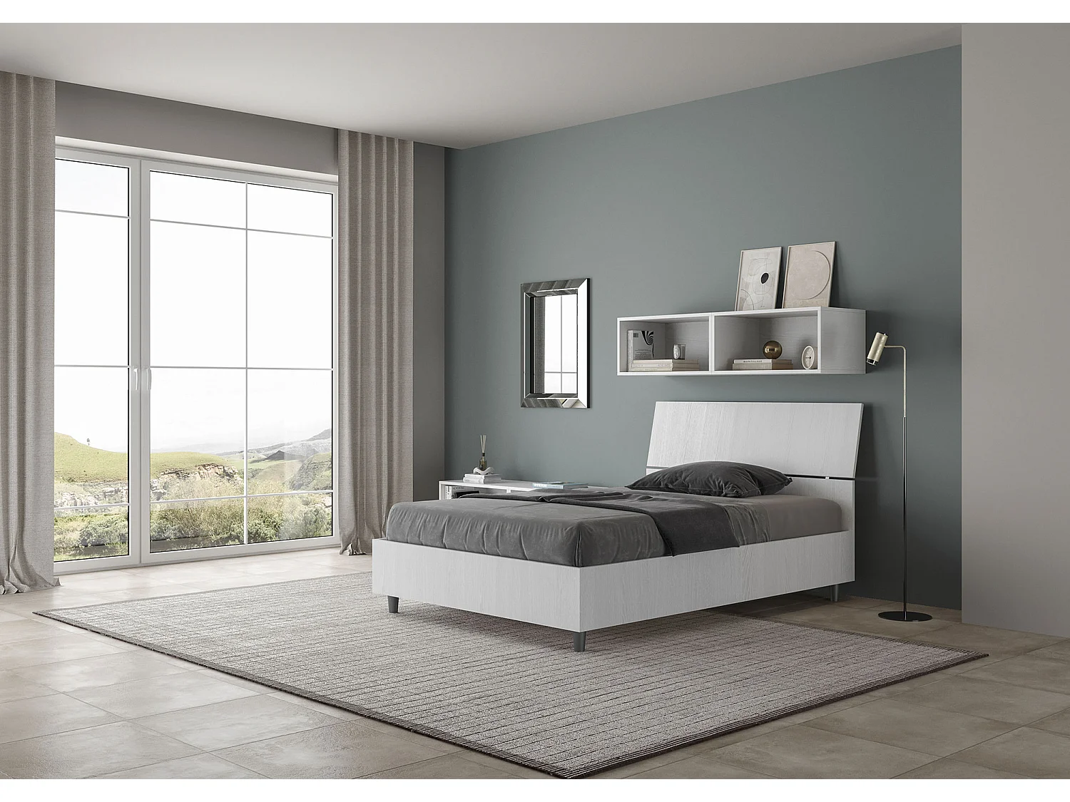 Lit 1 place et demi coffre 120x200 tête de lit inclinée frêne blanc Demas