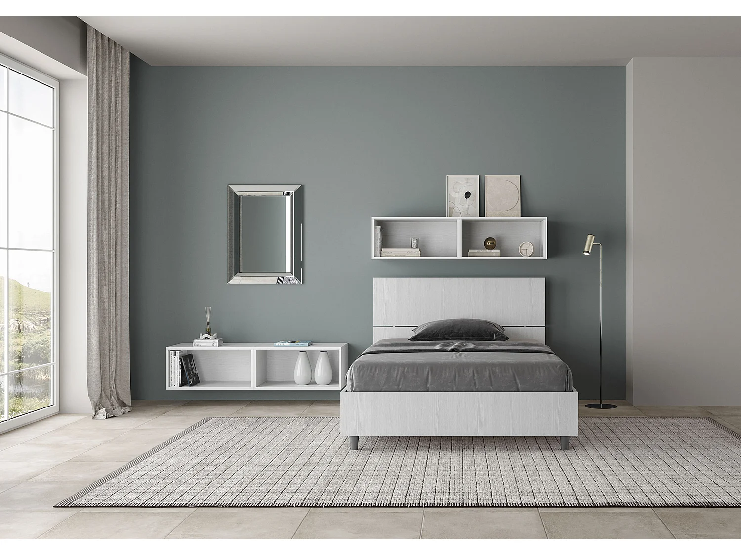 Lit 1 place et demi coffre 120x200 tête de lit inclinée frêne blanc Demas