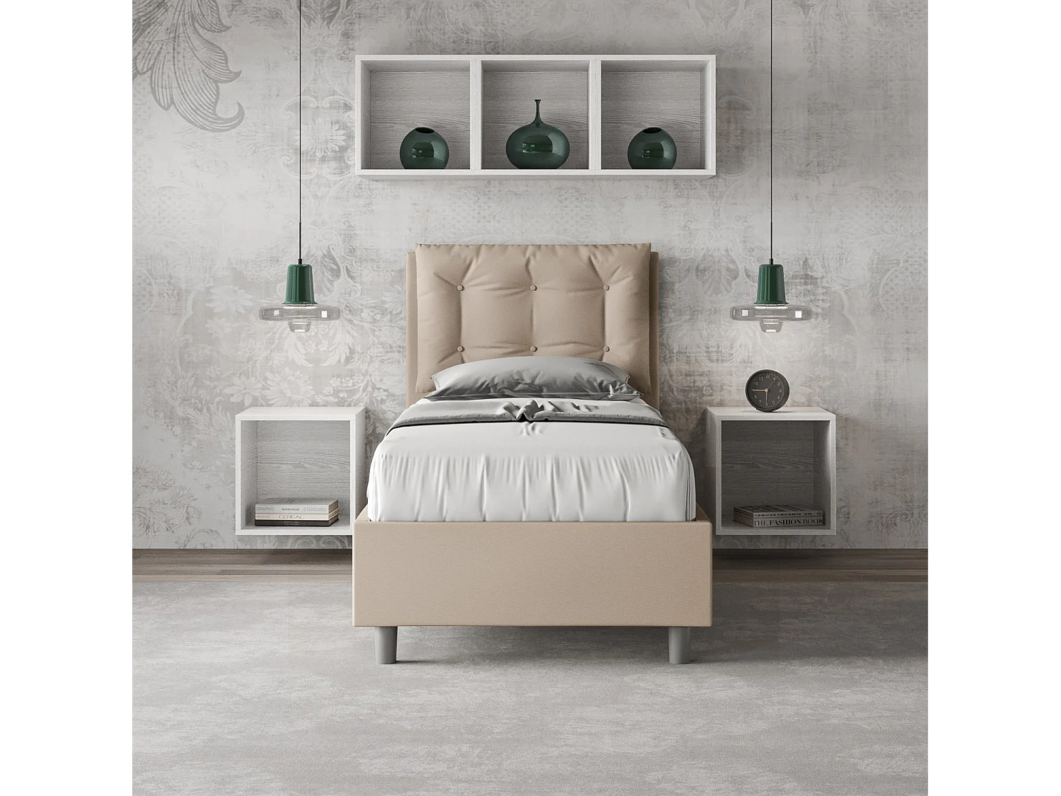 Lit design 80x190 avec tête de lit coussin matelassé simili cuir beige Andry-Option Avec sommier