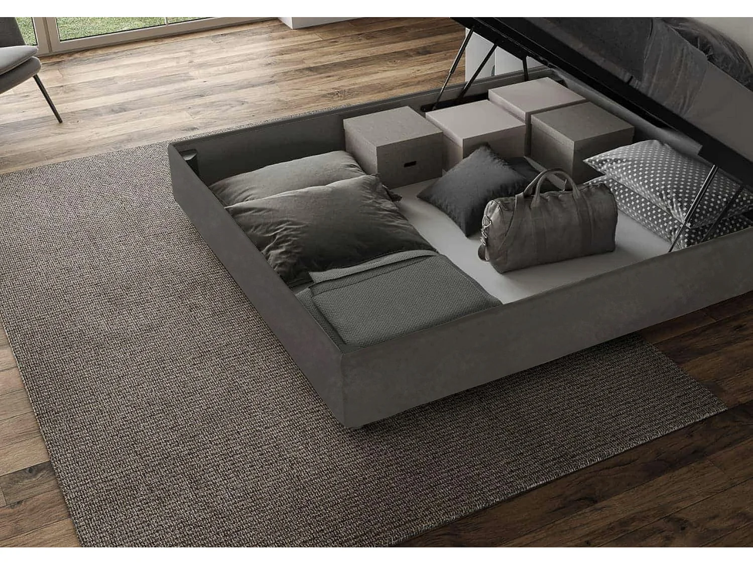 Cama moderna con cabecero de rayas verticales acolchado en símil piel Bazen-Color Blanco-Ropa de cama 200x200 cm