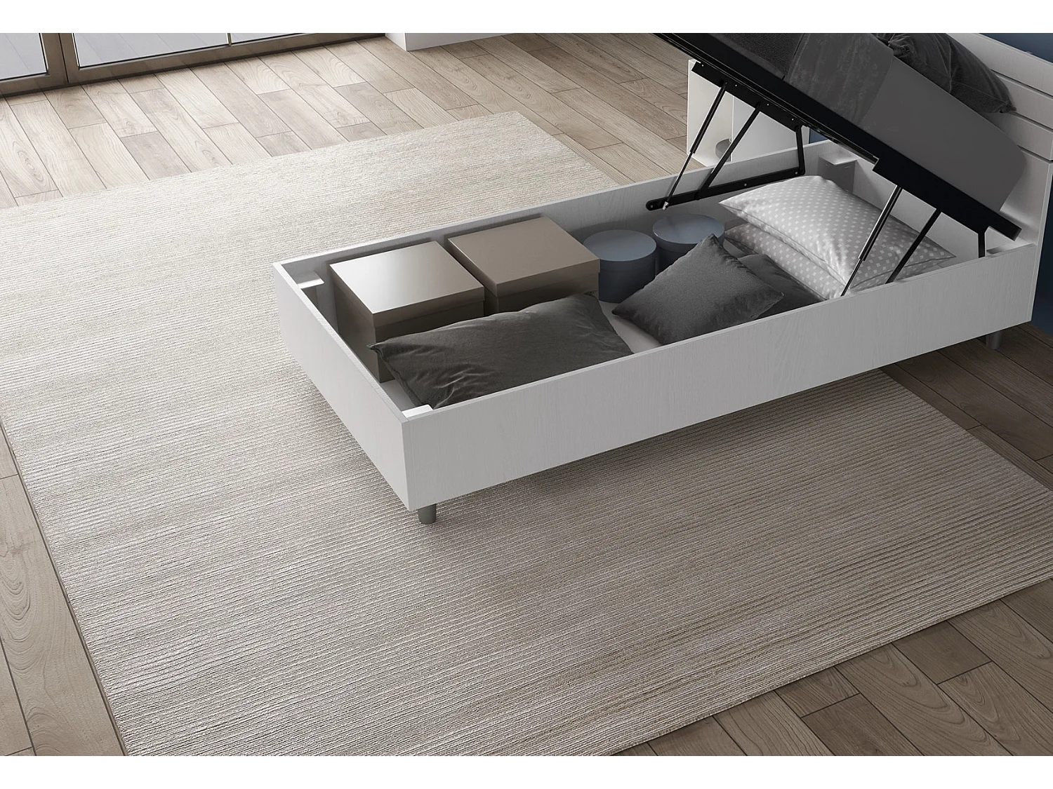 Lit en bois avec tête de lit inclinée Renoma-Couleur Blanc-80x200-Version coffre de rangement