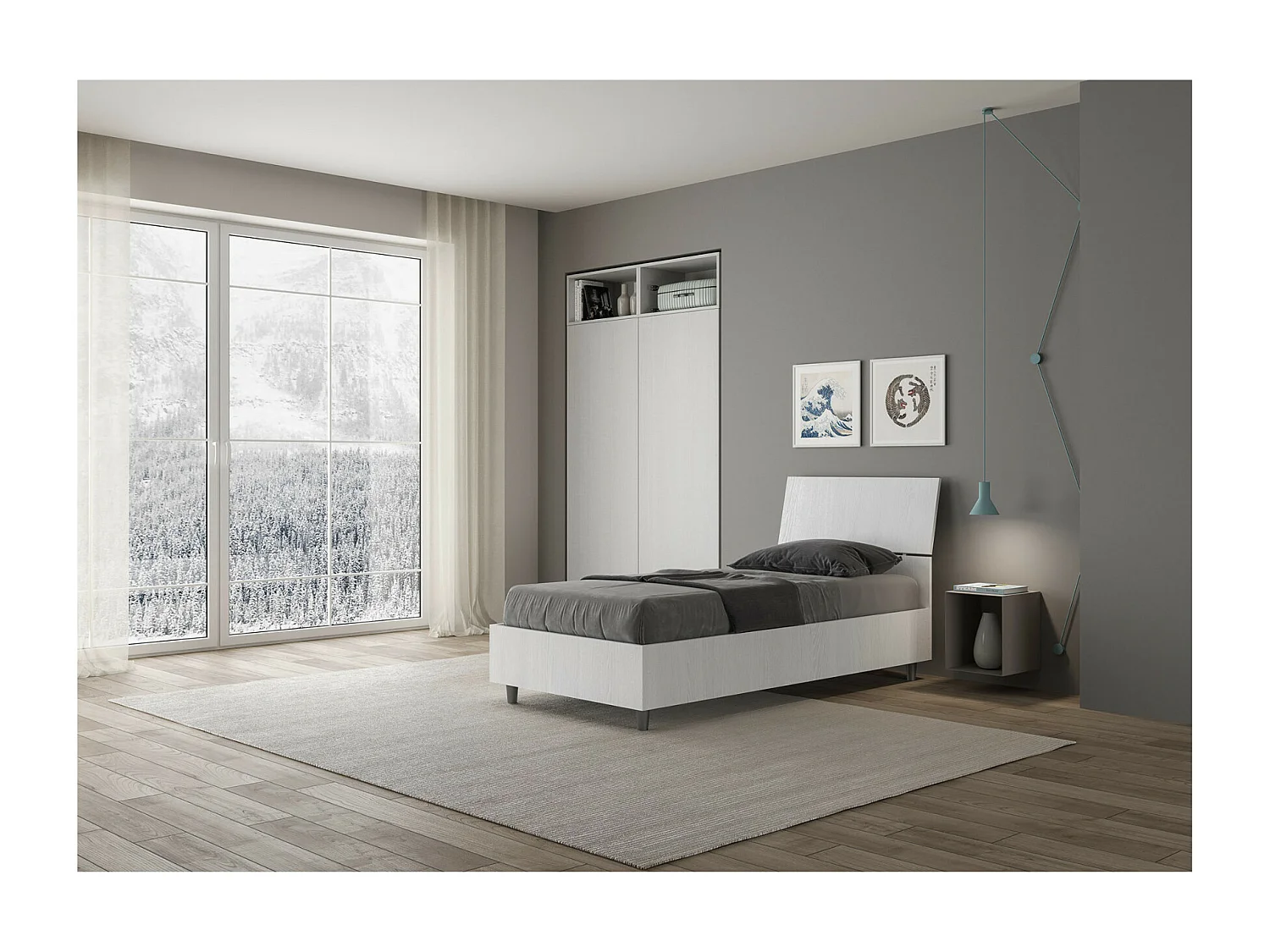 Lit en bois avec tête de lit inclinée Renoma-Couleur Blanc-80x200-Version coffre de rangement