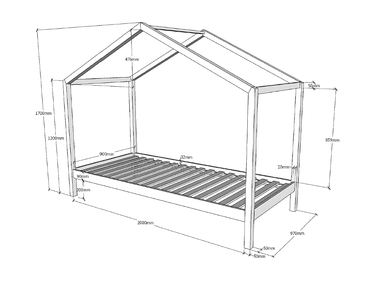 Pack Lit Cabane Enfant, Tiroir & Voile "Dallas II" 90x200cm Naturel