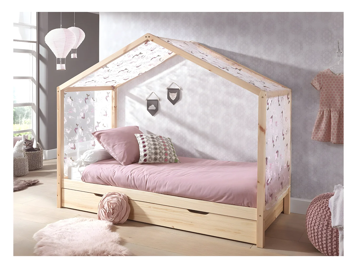 Pack Lit Cabane Enfant, Tiroir & Voile "Dallas II" 90x200cm Naturel