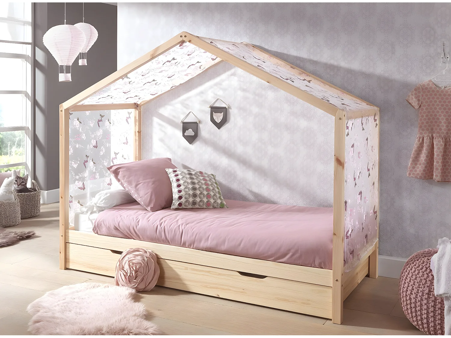 Pack Lit Cabane Enfant, Tiroir & Voile "Dallas II" 90x200cm Naturel