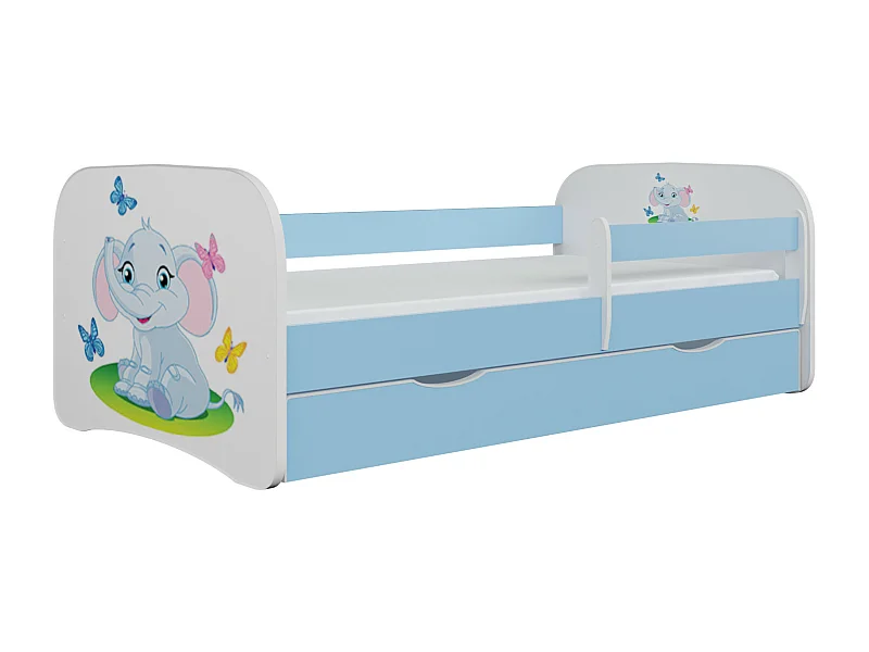Cama infantil pequeña elefante azul con somieres y barrera de seguridad extraíble Drimy-Colchones de espuma-Ropa de cama 70x140 cm-Cajones Con cajón
