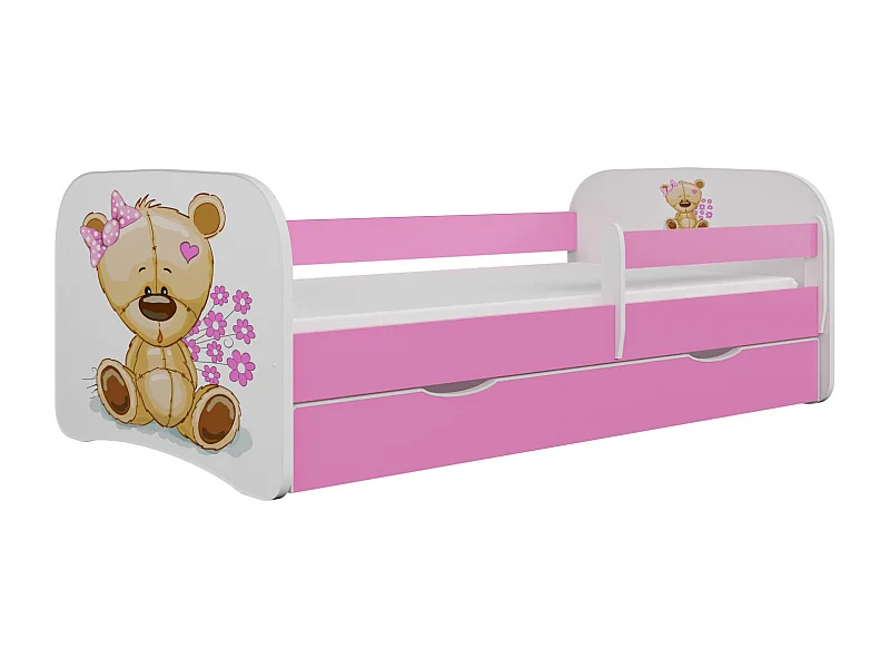 Cama infantil con osito y flores rosa con somieres y barrera de seguridad extraíble Drimy-Colchones de espuma-Ropa de cama 70x140 cm-Cajones Con cajón