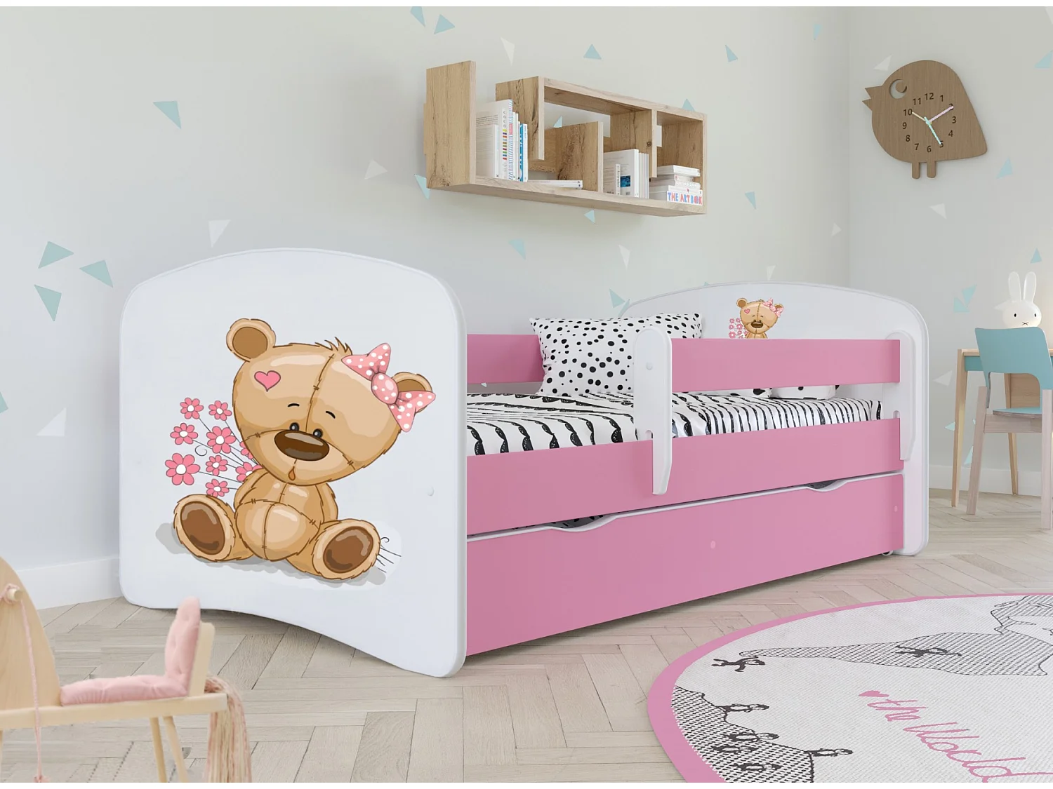 Cama infantil con osito y flores rosa con somieres y barrera de seguridad extraíble Drimy-Colchones de espuma-Ropa de cama 70x140 cm-Cajones Con cajón