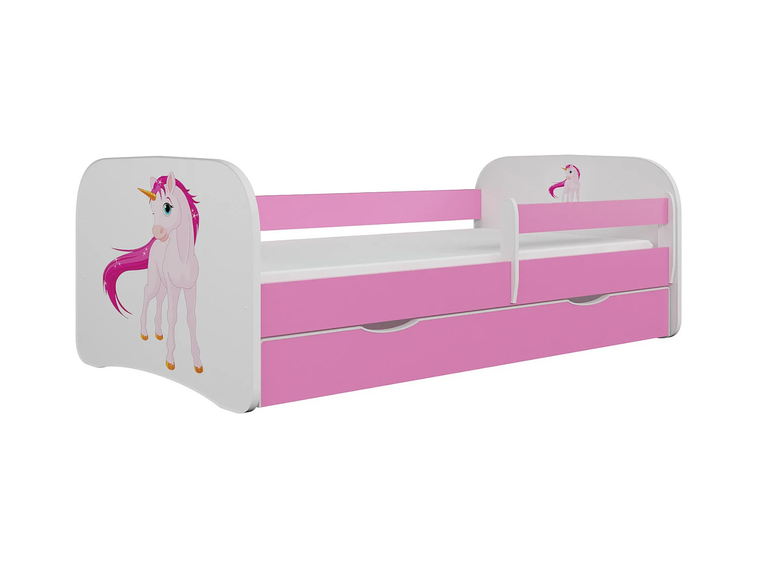 Lit enfant rose Licorne avec sommiers et barrière de sécurité amovible Drimy-80x180