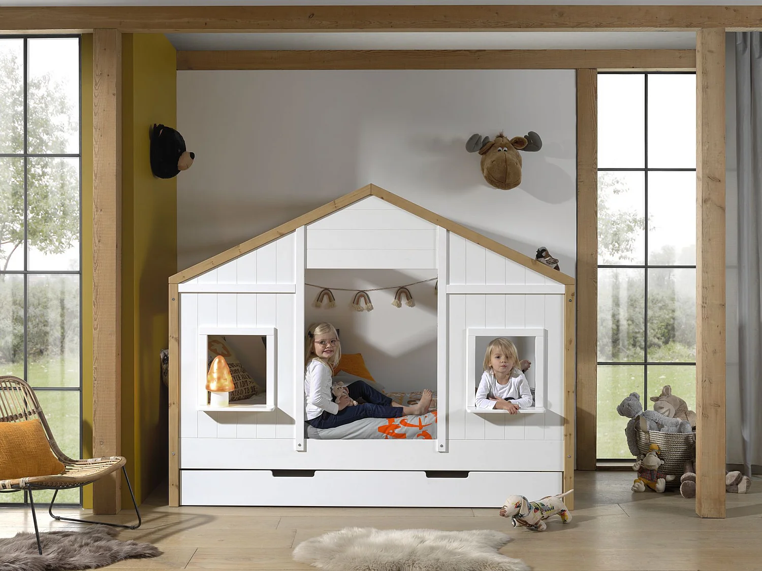 Pack - Lit Cabane & Tiroir "Babs" 90x200cm Blanc