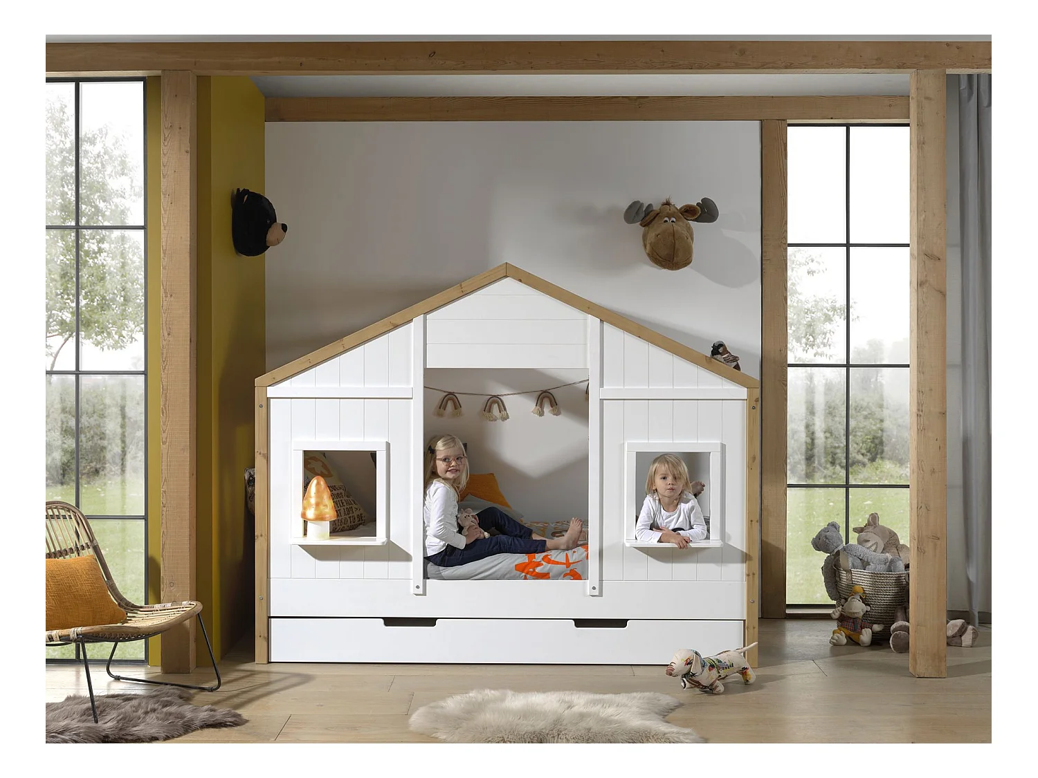 Pack - Lit Cabane & Tiroir "Babs" 90x200cm Blanc