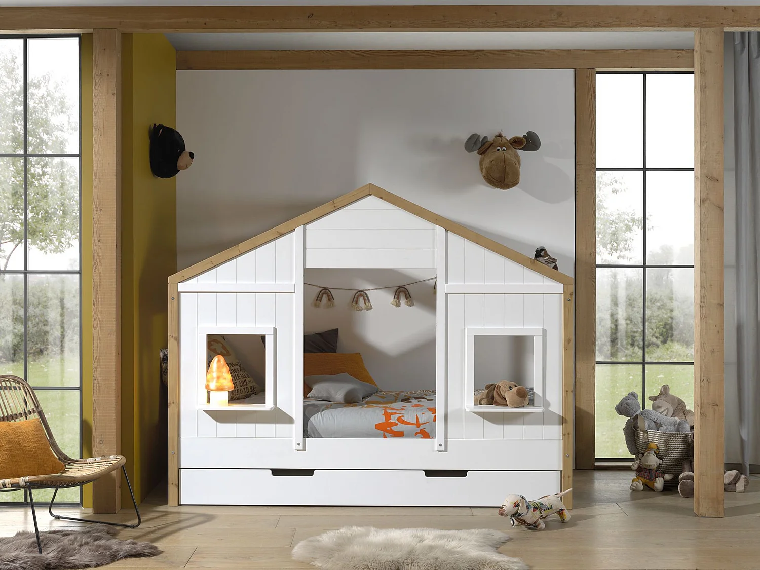 Pack - Lit Cabane & Tiroir "Babs" 90x200cm Blanc