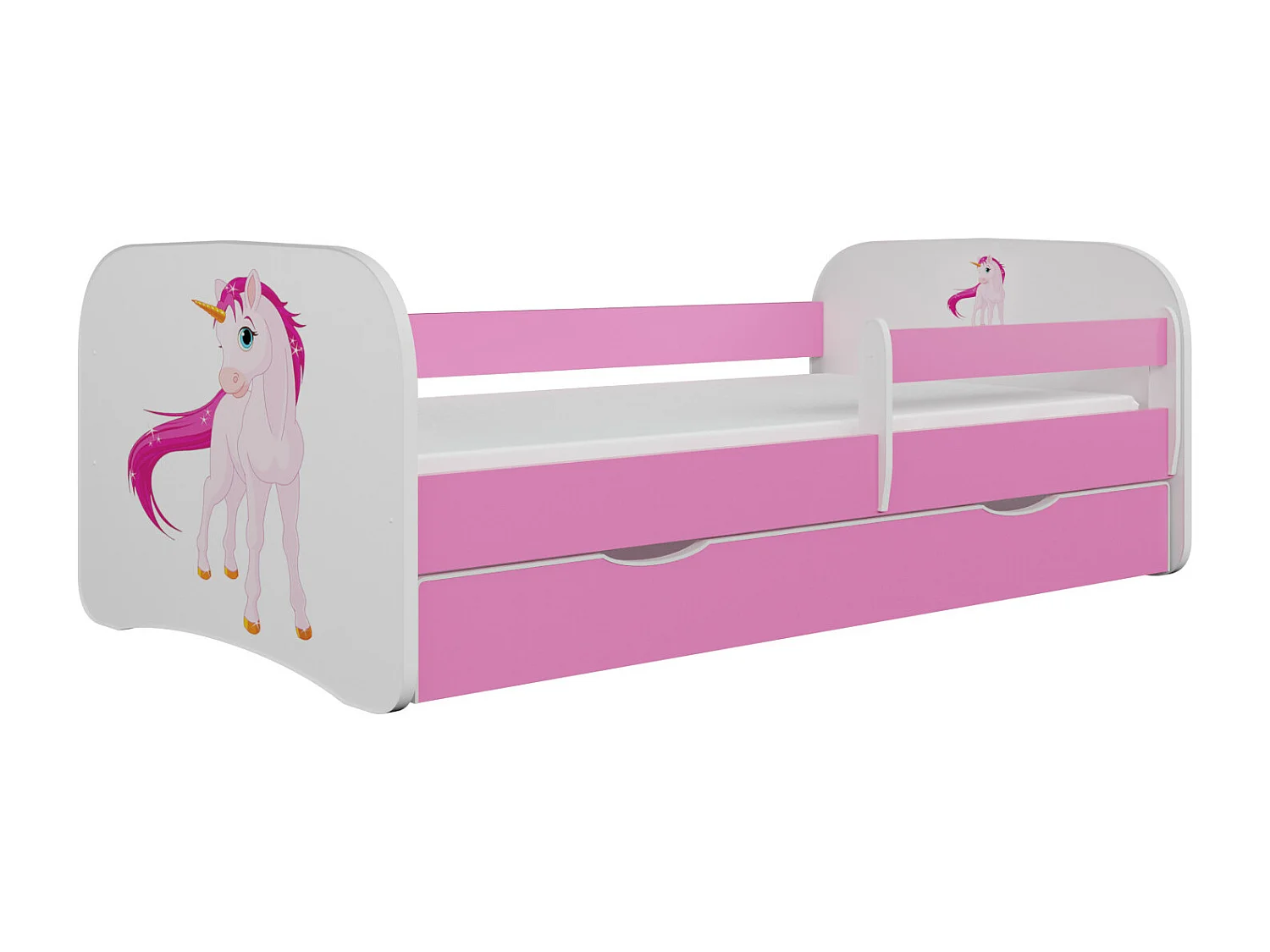 Roze Eenhoorn kinderbed met boxsprings en afneembaar hekwerk Drimy-Schuim matras-Slapen 70x140cm-Laden Zonder lade