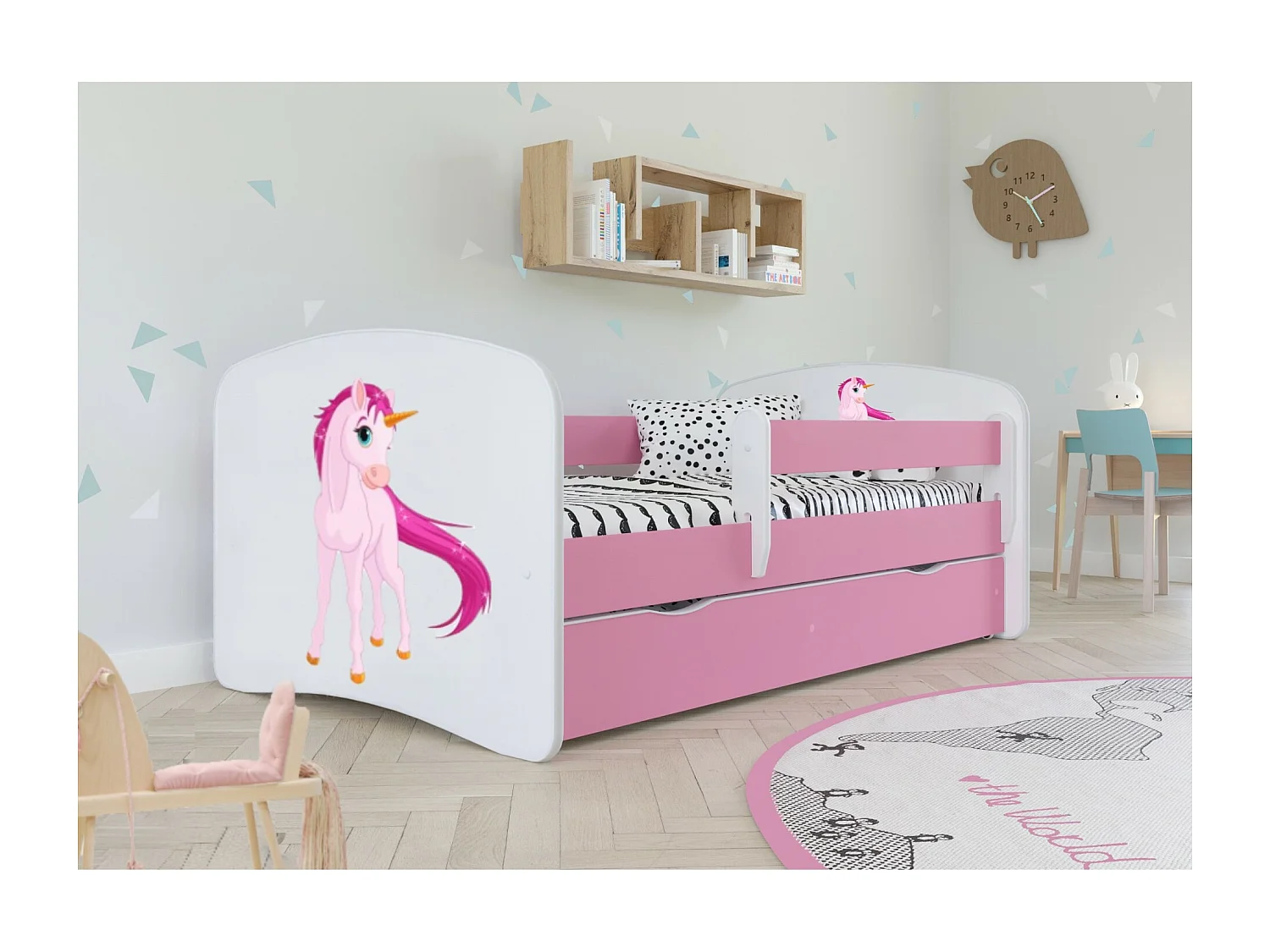 Roze Eenhoorn kinderbed met boxsprings en afneembaar hekwerk Drimy-Schuim matras-Slapen 70x140cm-Laden Zonder lade