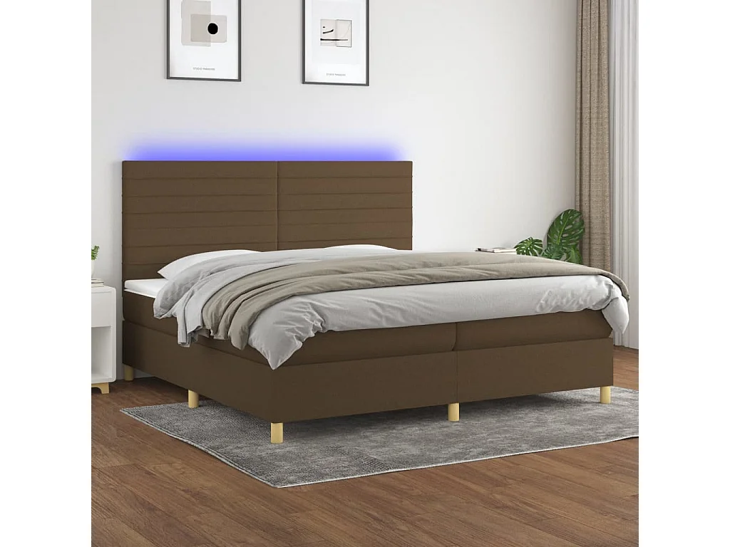 Lit à sommier tapissier matelas et LED Marron foncé 200x200 Tissu