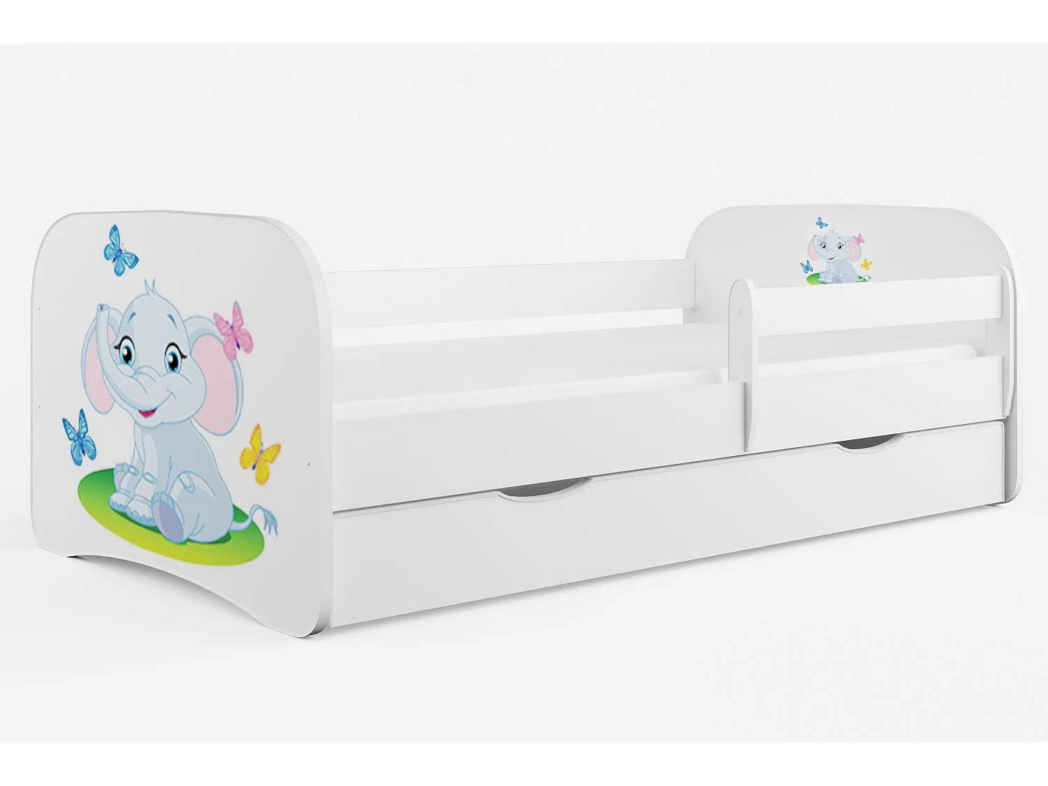 Lit enfant petit éléphant avec sommiers et barrière de sécurité amovible Drimy-Matelas mousse-70x140-Tiroirs Avec tiroir