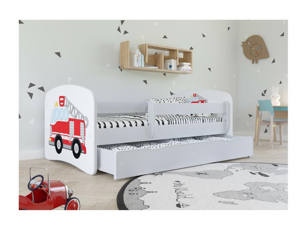 Cama infantil Zoo azul con somieres y barrera de seguridad extraíble Drimy-Ropa de cama 70x140 cm