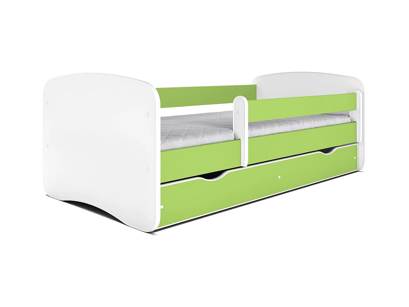 Lit enfant vert avec sommiers et barrière de sécurité amovible Drimy-Matelas mousse-70x140-Tiroirs Avec tiroir