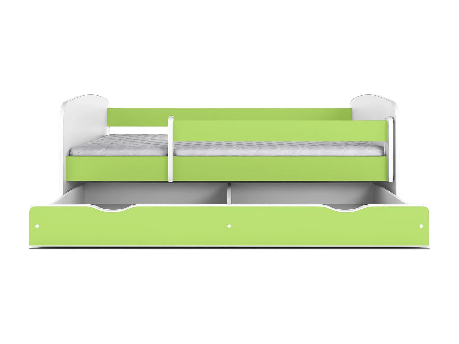 Lit enfant vert avec sommiers et barrière de sécurité amovible Drimy-Matelas mousse-70x140-Tiroirs Avec tiroir