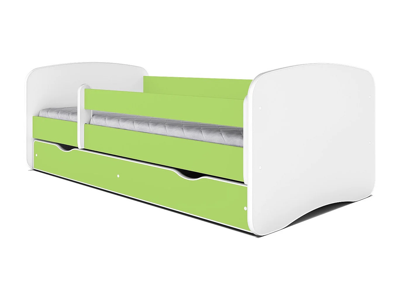 Lit enfant vert avec sommiers et barrière de sécurité amovible Drimy-Matelas mousse-70x140-Tiroirs Avec tiroir