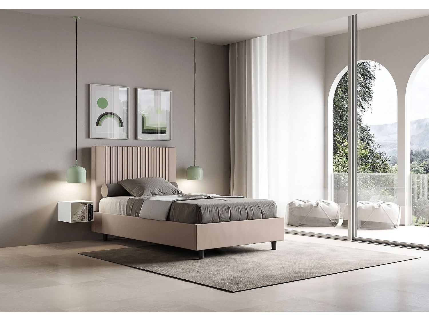 Modern bed met verticaal gestreept hoofdeinde, doorgestikt met kunstleer Bazen-Kleur Beige-Slapen 90x190cm-Keuze Met kofferbak