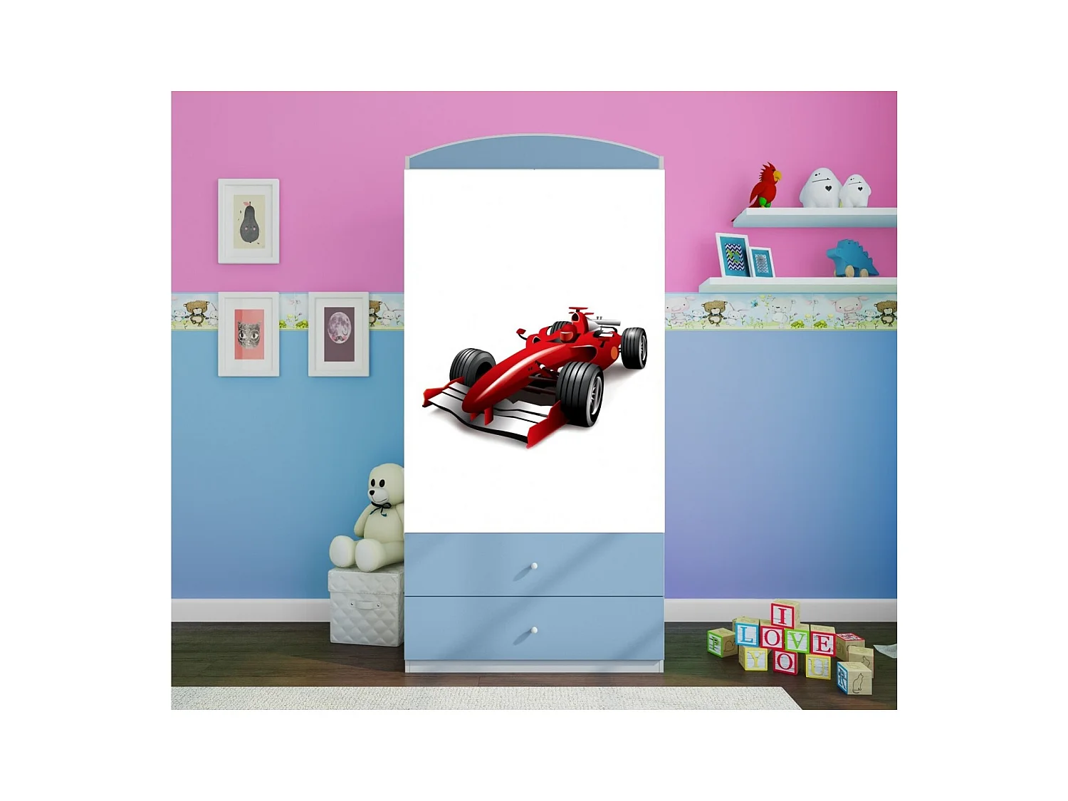 Armoire bleue 2 portes enfant voiture de course Drimy