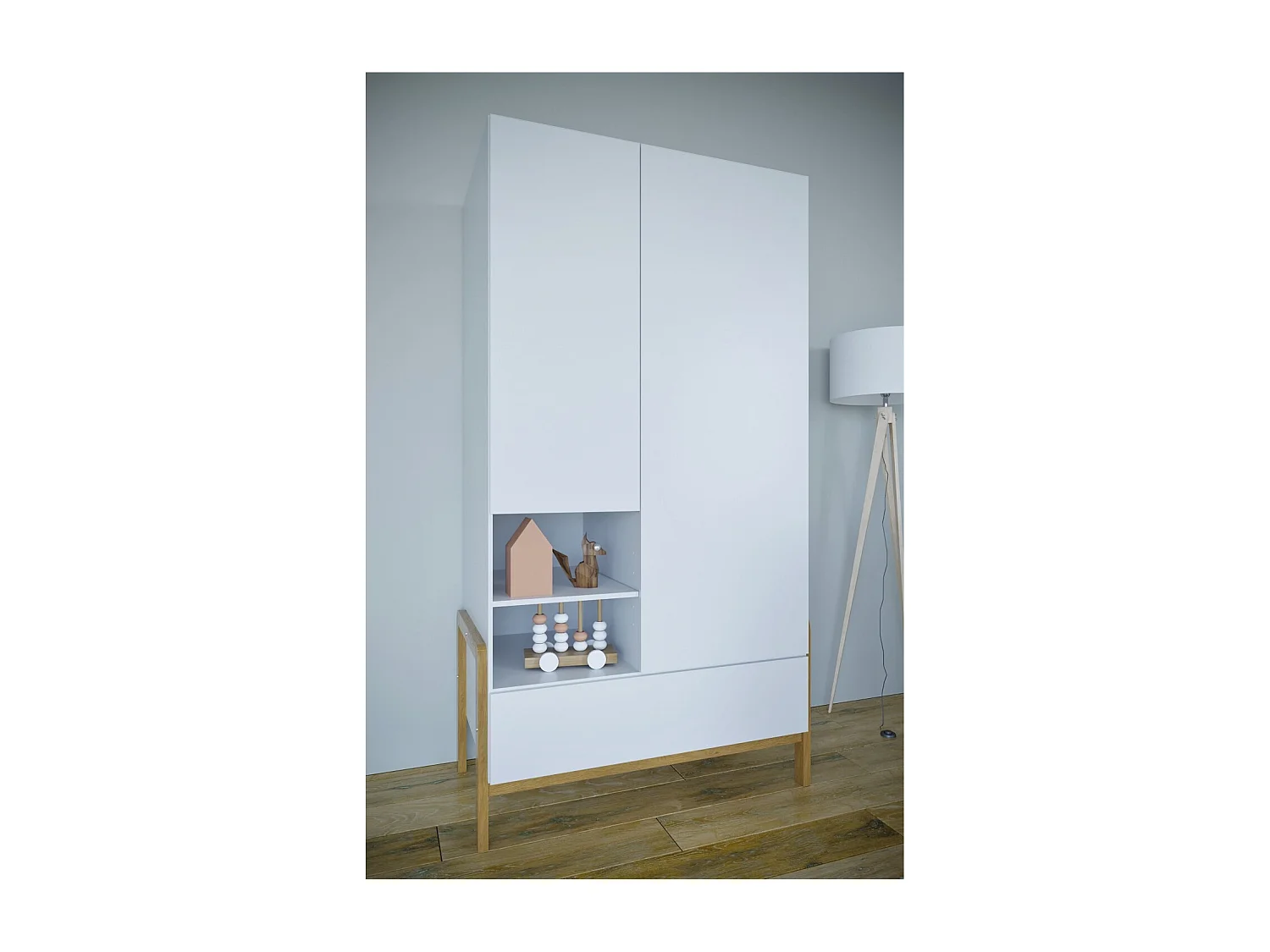 Armoire enfant scandinave blanche et pieds en bois de chêne Vanka